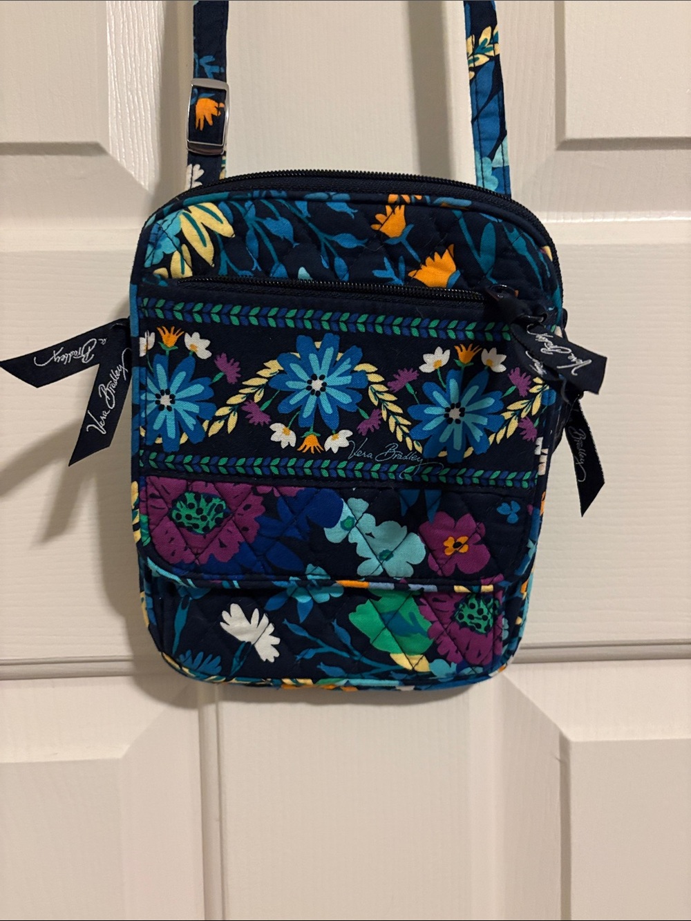 Vera Bradley Navy Floral Quilted Crossbody with Teal & Purple Accents